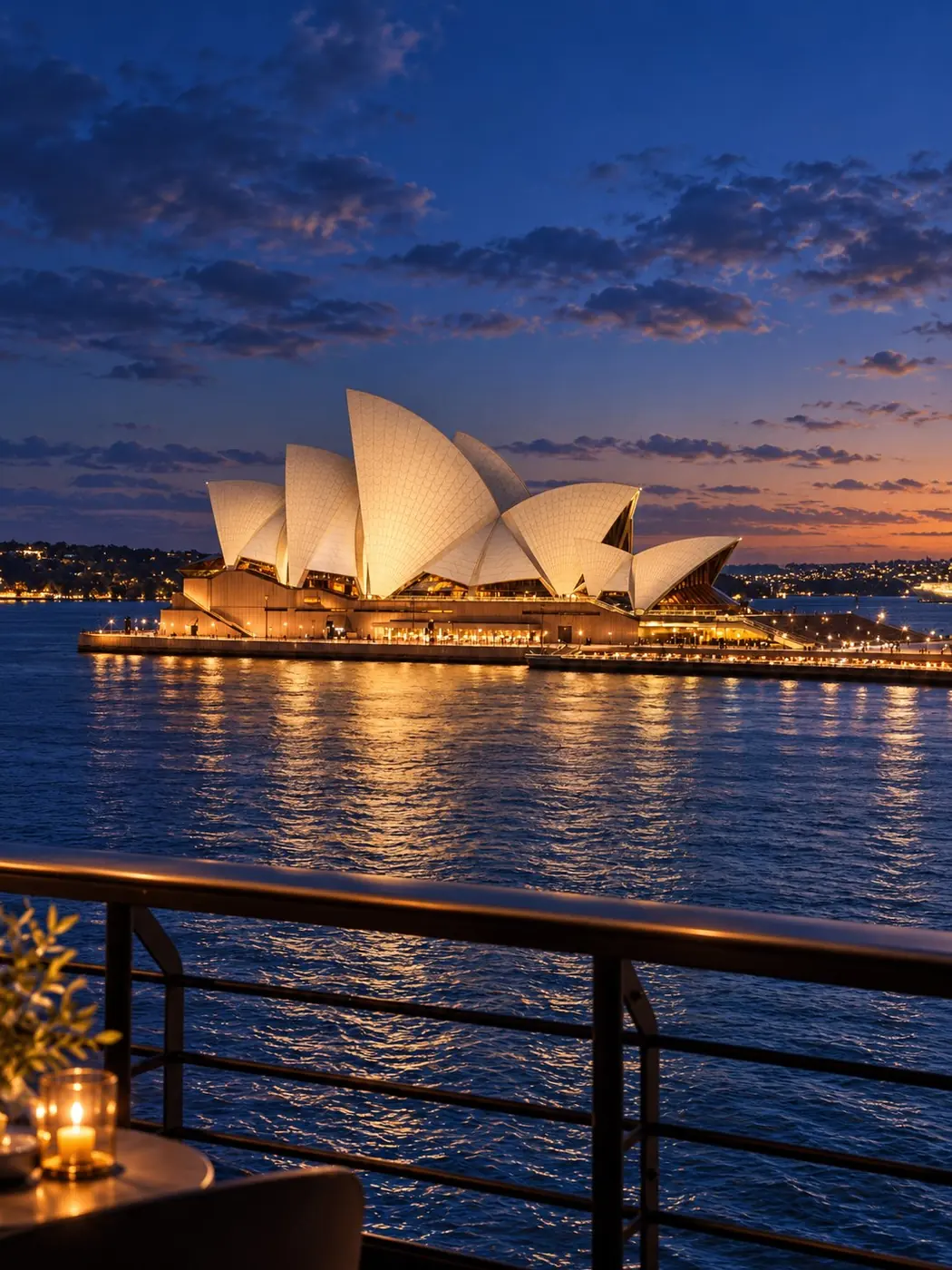 Sydney Harbour at dusk with the illuminated Sydney Opera House, Circular Quay and the city skyline